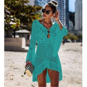 Women’s Hollow Knit Sweater Beach Dress Size Medium Flared Sleeve Teal High Low